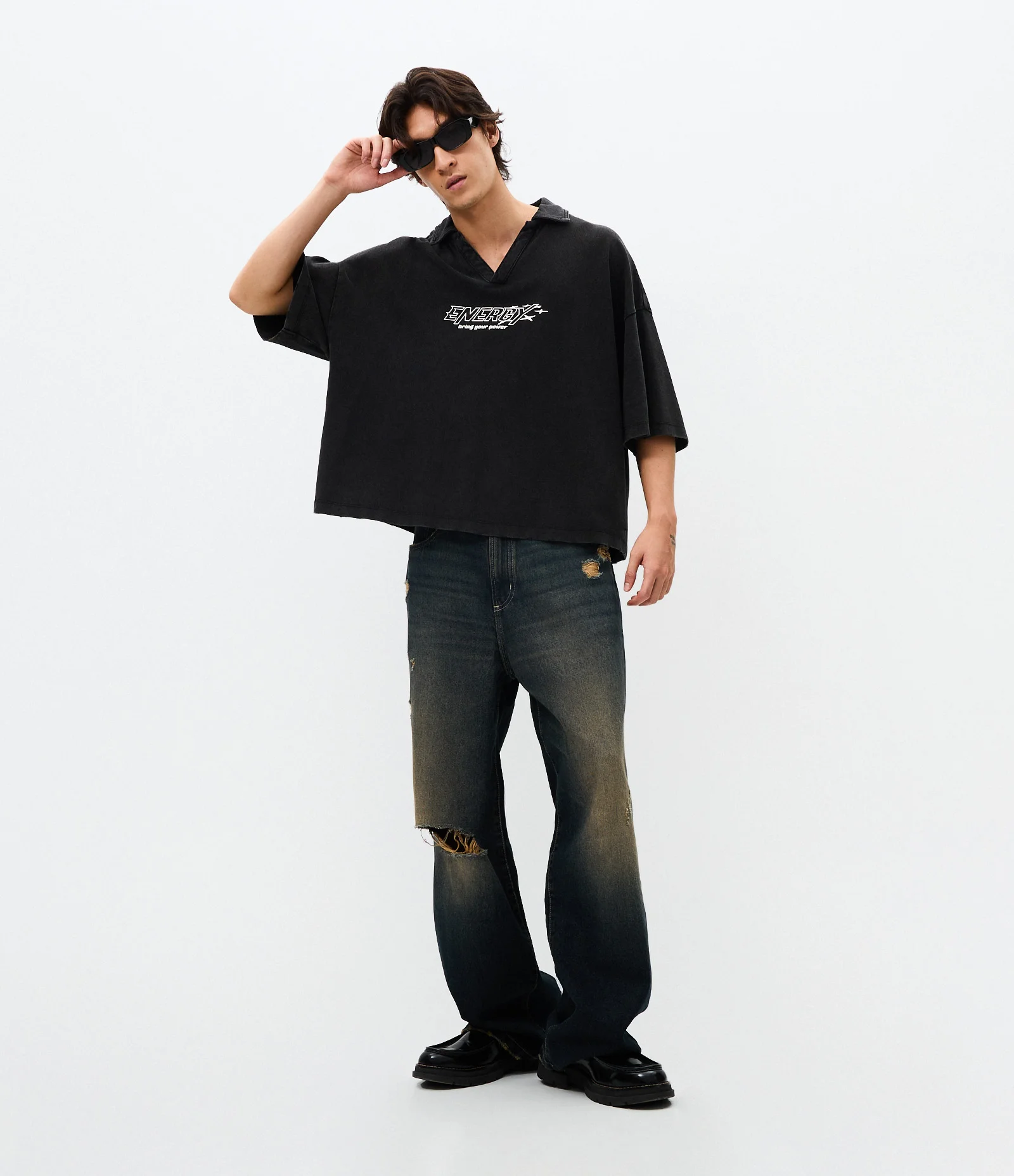 23AWsupreme BAGGY JEANS Ｗ34 Calça Jeans Super Baggy com Rasgos Preto
