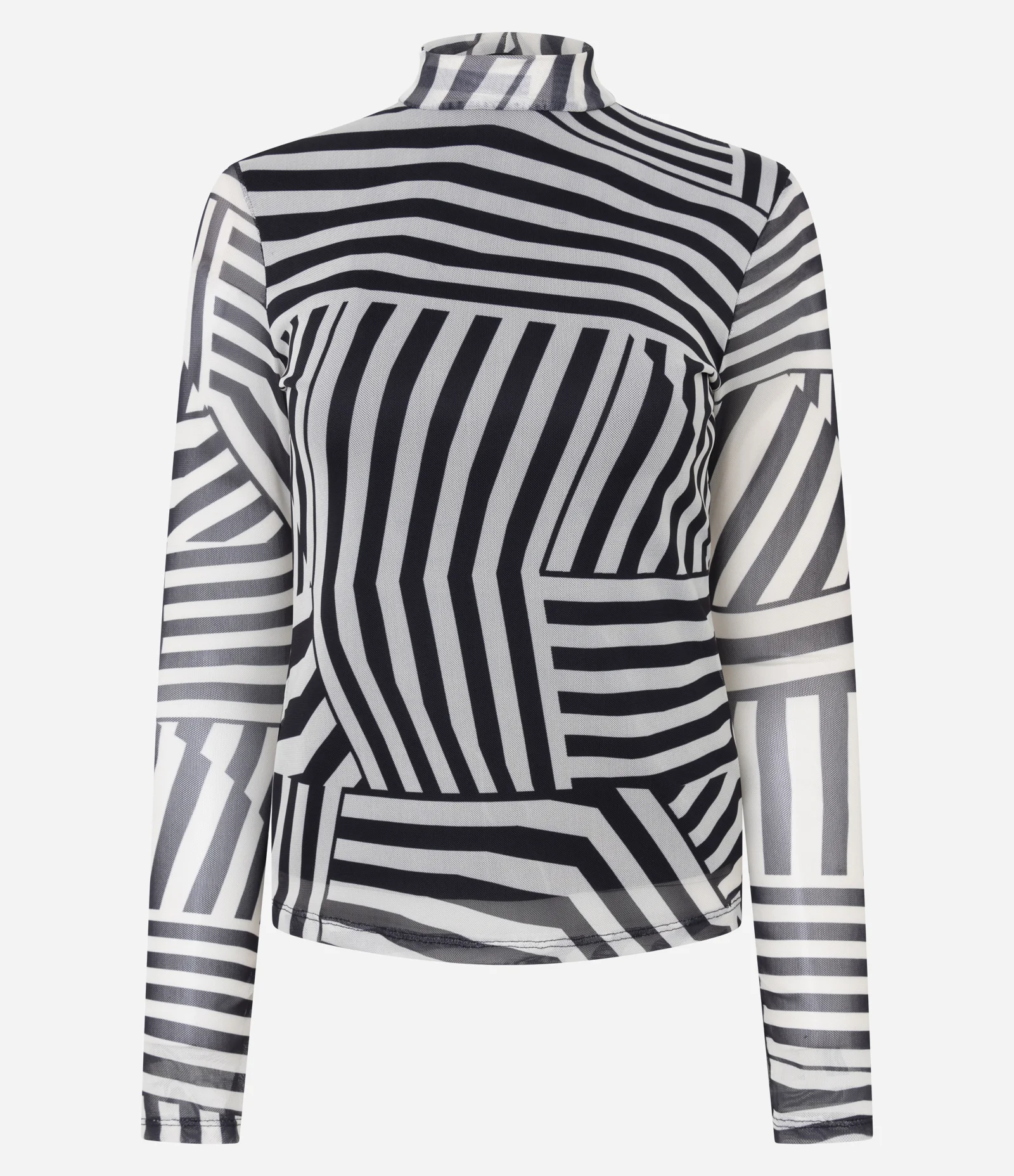 Blusa em Tule com Estampa Abstrata e Gola Alta Preto 1