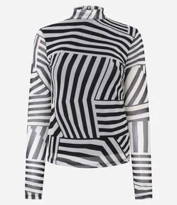 Blusa em Tule com Estampa Abstrata e Gola Alta