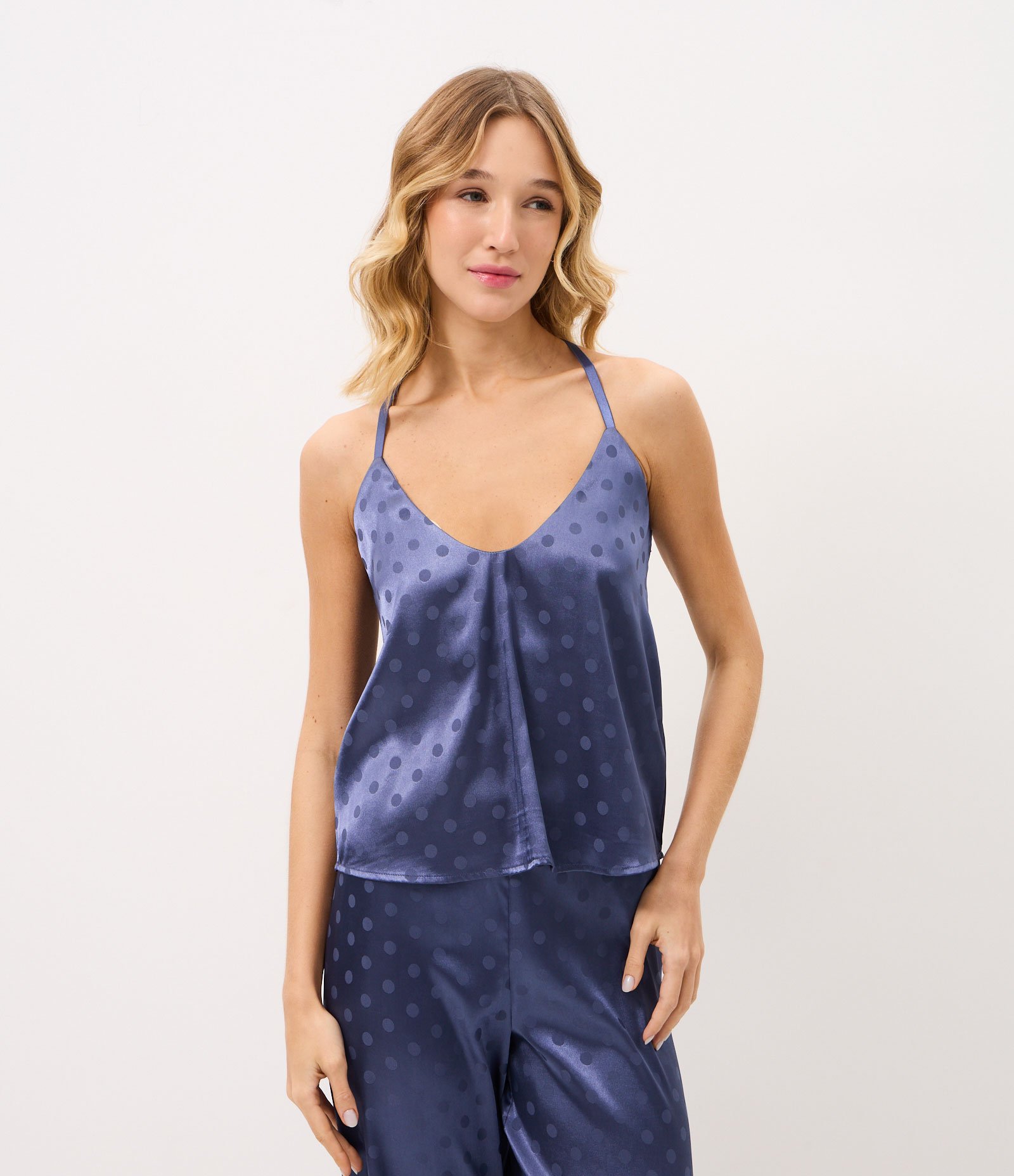 Pijama Longo em Cetim com Estampa Poá Azul 2