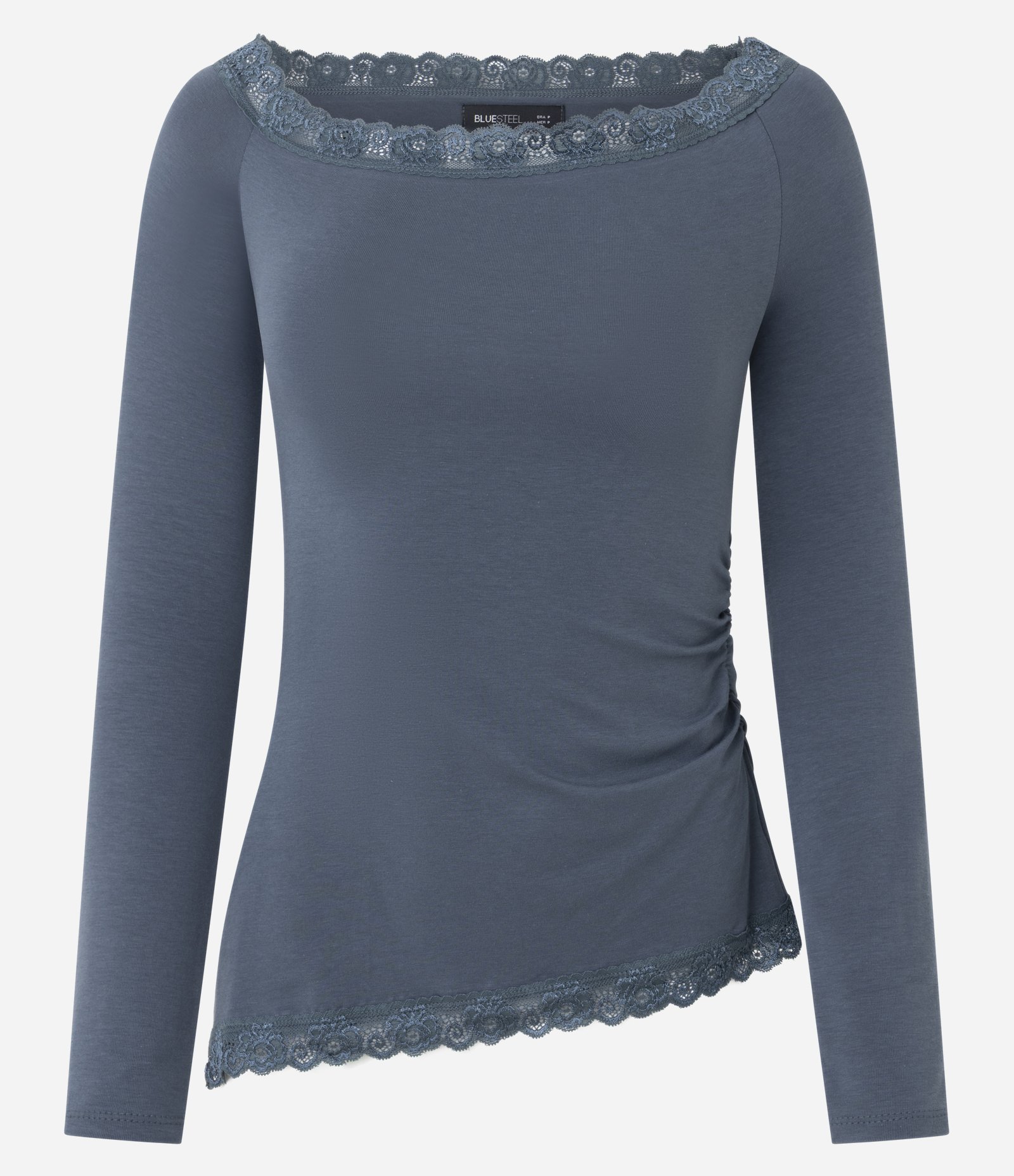 Blusa em Algodão com Decote e Barra Rendados Azul 5