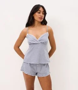 Pijama Short Doll em Algodão com Estampa Xadrez e Decote Coração