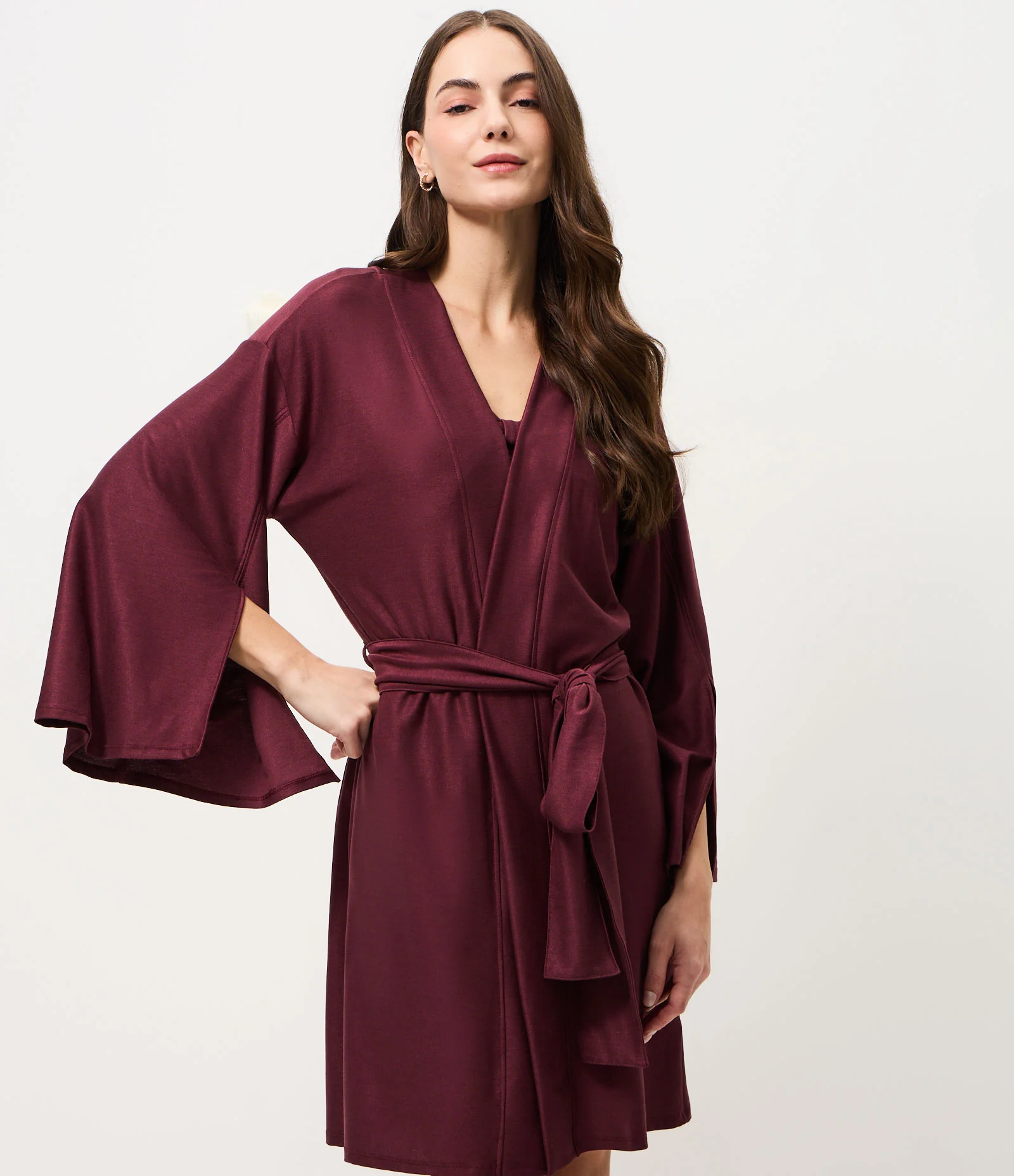 Robe Manga Longa em Viscolycra com Faixa Vinho 1