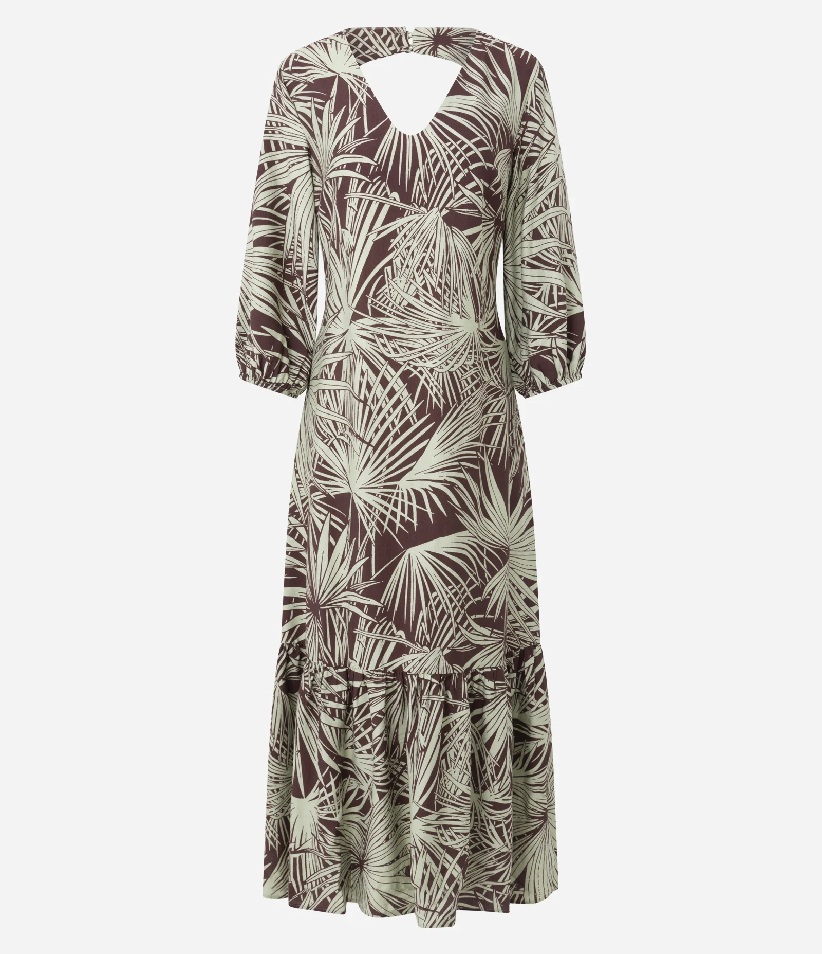 Vestido Longo Estampado em Viscose com Manga Bufante Marrom/Verde 1
