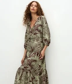 Vestido Longo Estampado em Viscose com Manga Bufante