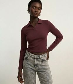 Blusa Polo em Ribana de Algodão com Mangas Longas