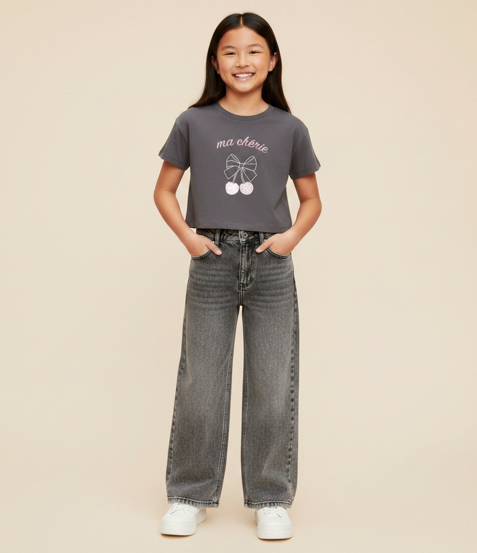 Camiseta Boxy Infantil com Estampa Cereja – Tam 5 a 16 Anos Cinza 1