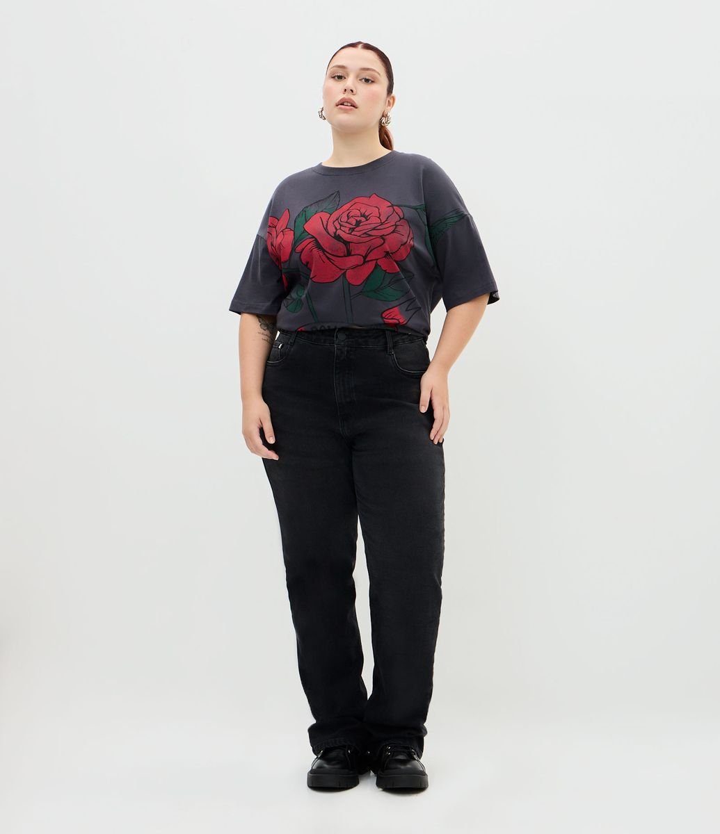 Calça Jeans Reta Black com Fenda Curve & Plus Size Preto