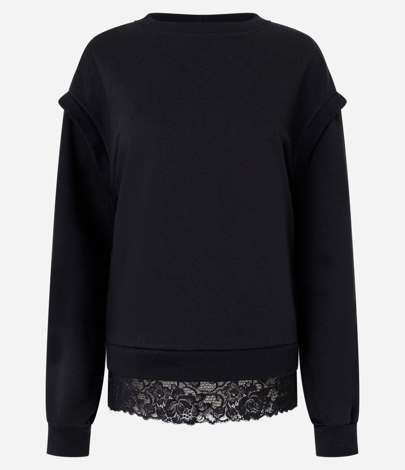 Blusa Manga Longa em Moletom com Renda na Barra Preto 1