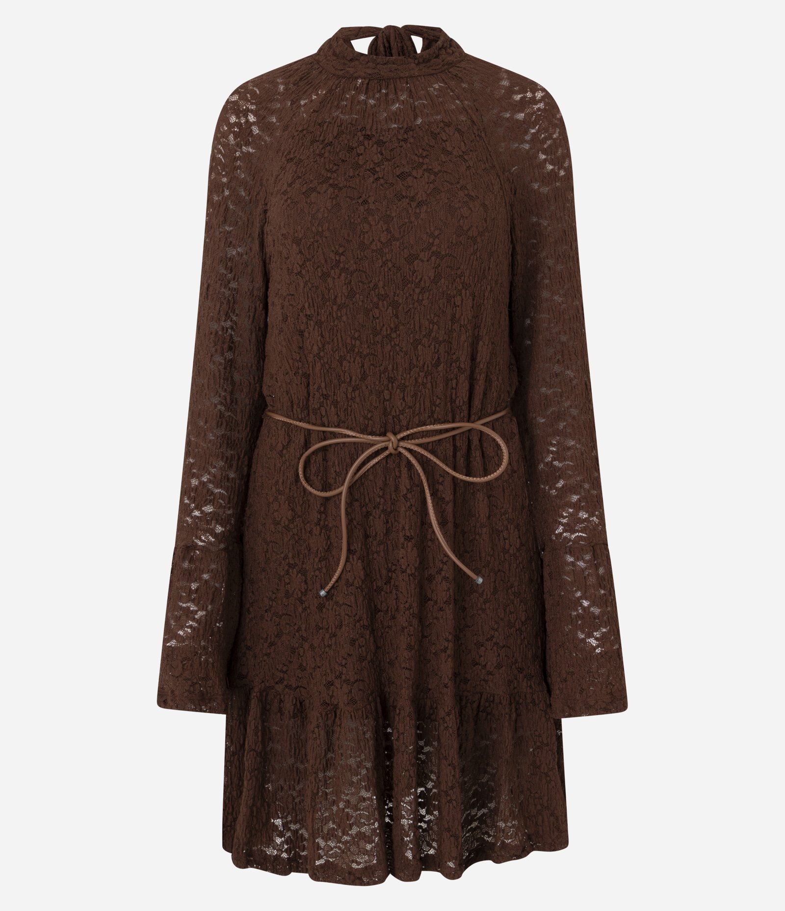 Vestido Curto em Renda com Cintinho Fino Marrom 5