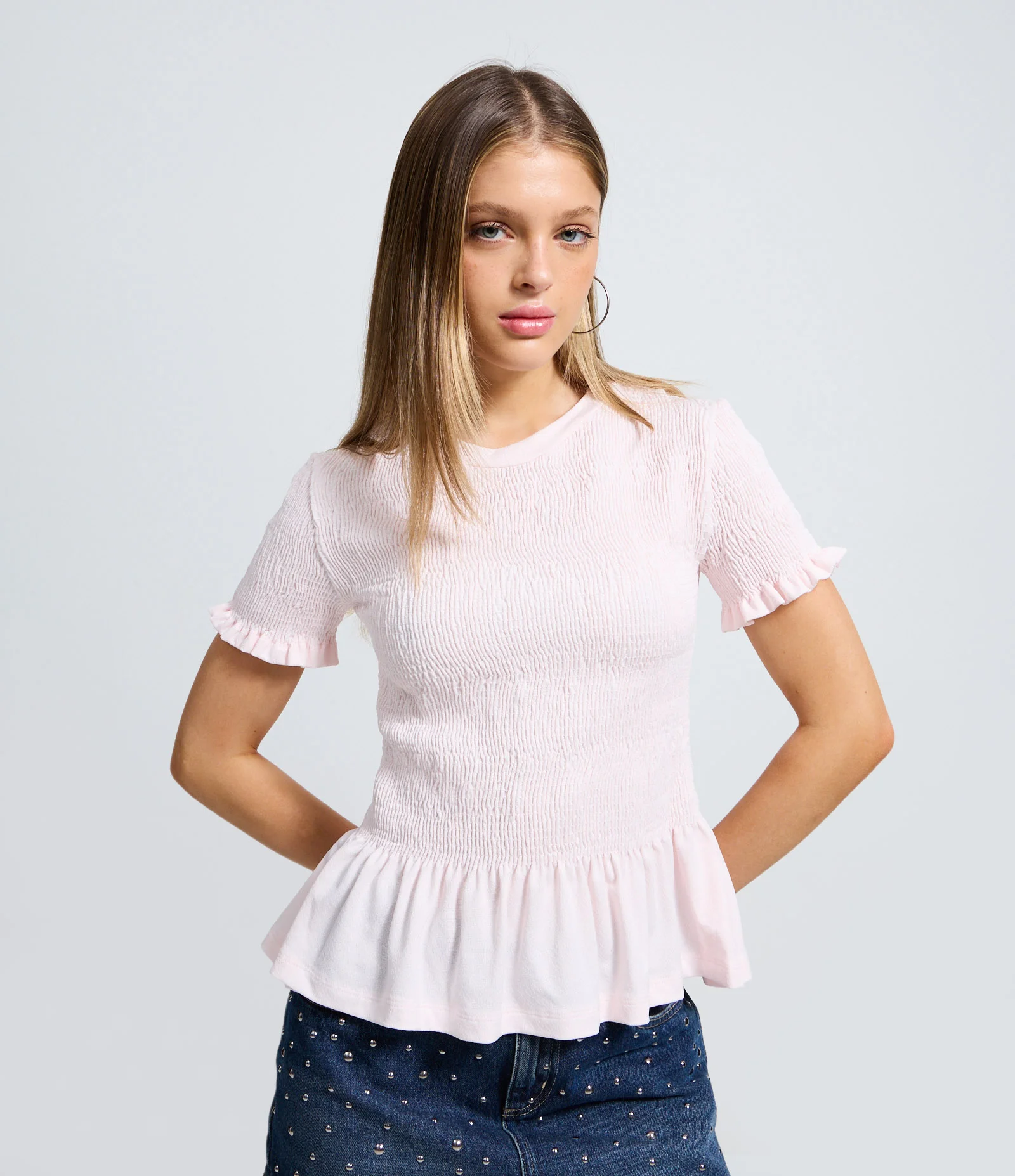 Blusa em Crepe Texturizado com Franzidos Rosa Claro 1