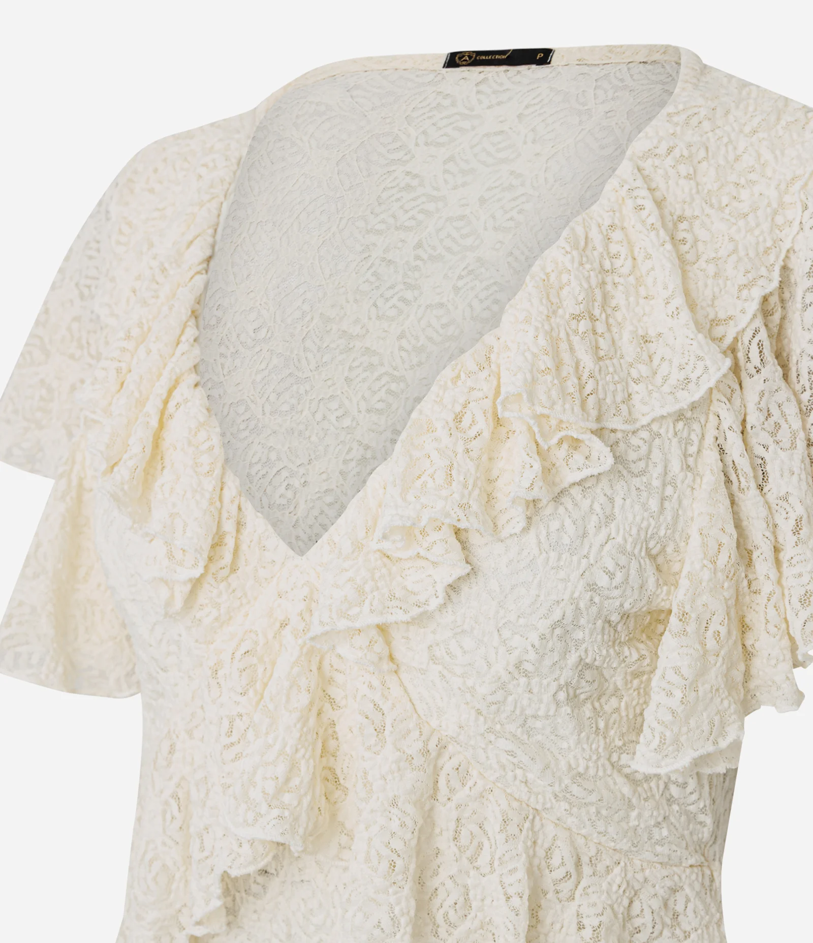 Blusa com Renda Aplicada e Babados Bege 1
