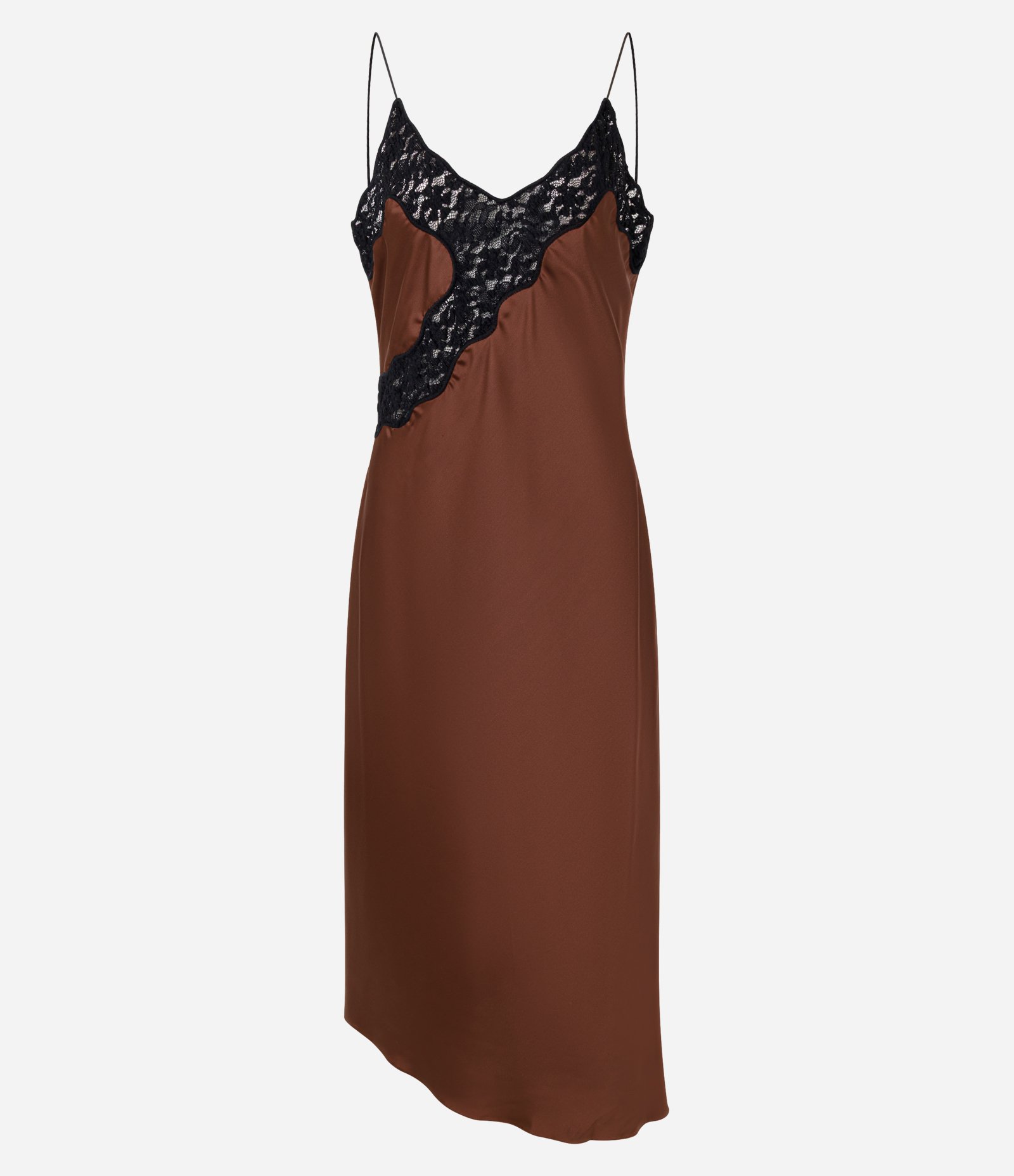 Vestido New Midi de Alcinha em Cetim com Detalhes em Renda Contrastante Marrom 4