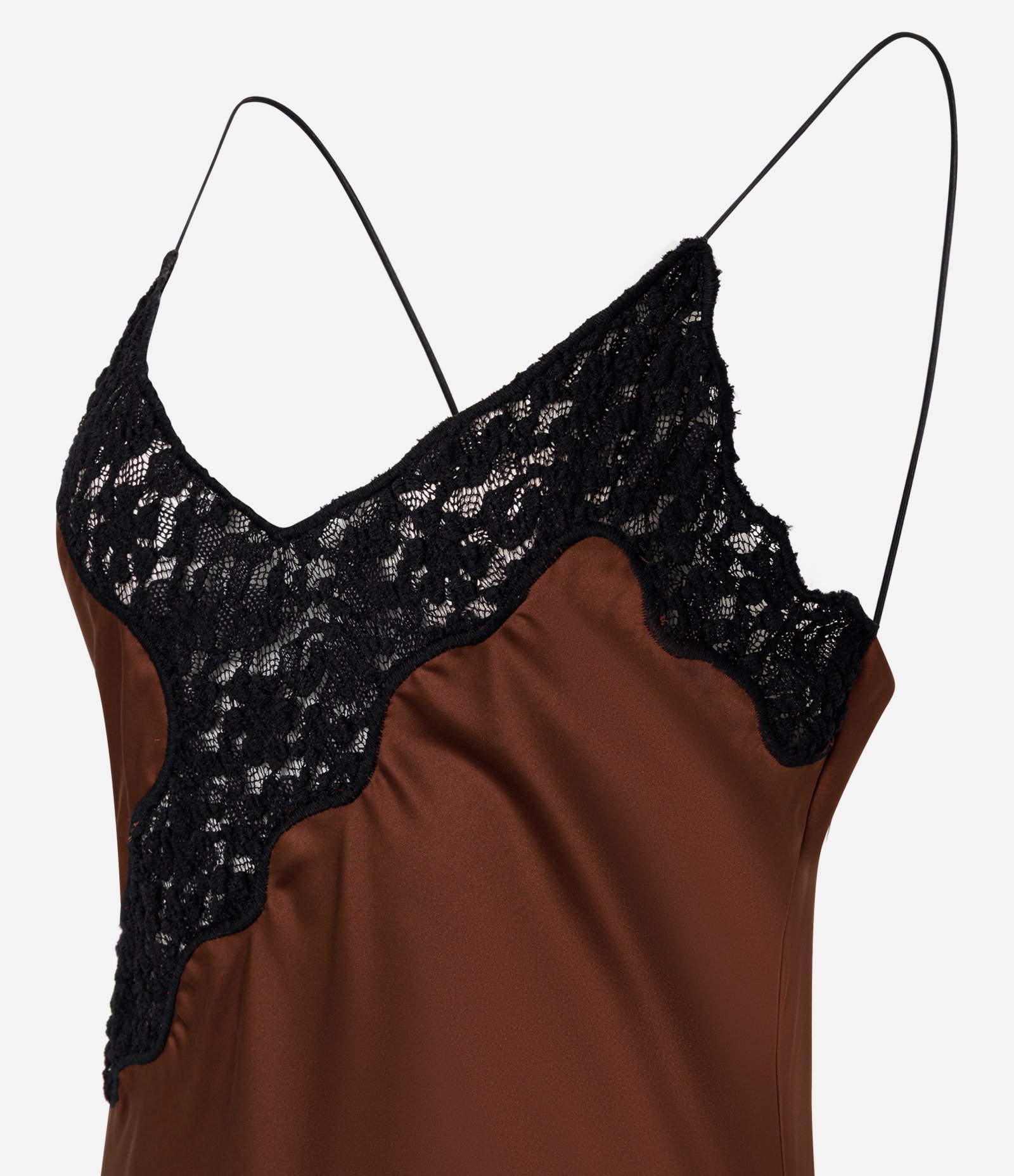 Vestido New Midi de Alcinha em Cetim com Detalhes em Renda Contrastante Marrom 5