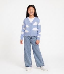 Cardigan Infantil em Tricô com Estampa de Nuvens - Tam 7 a 14 Anos