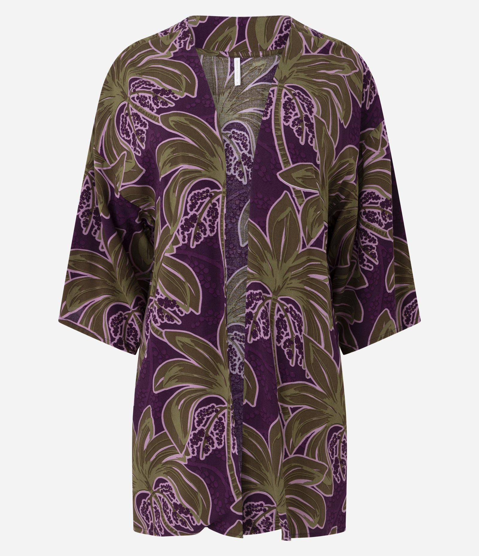 Saída de Praia Kimono em Viscolinho com Estampa de Coqueiro Roxo/Verde 1