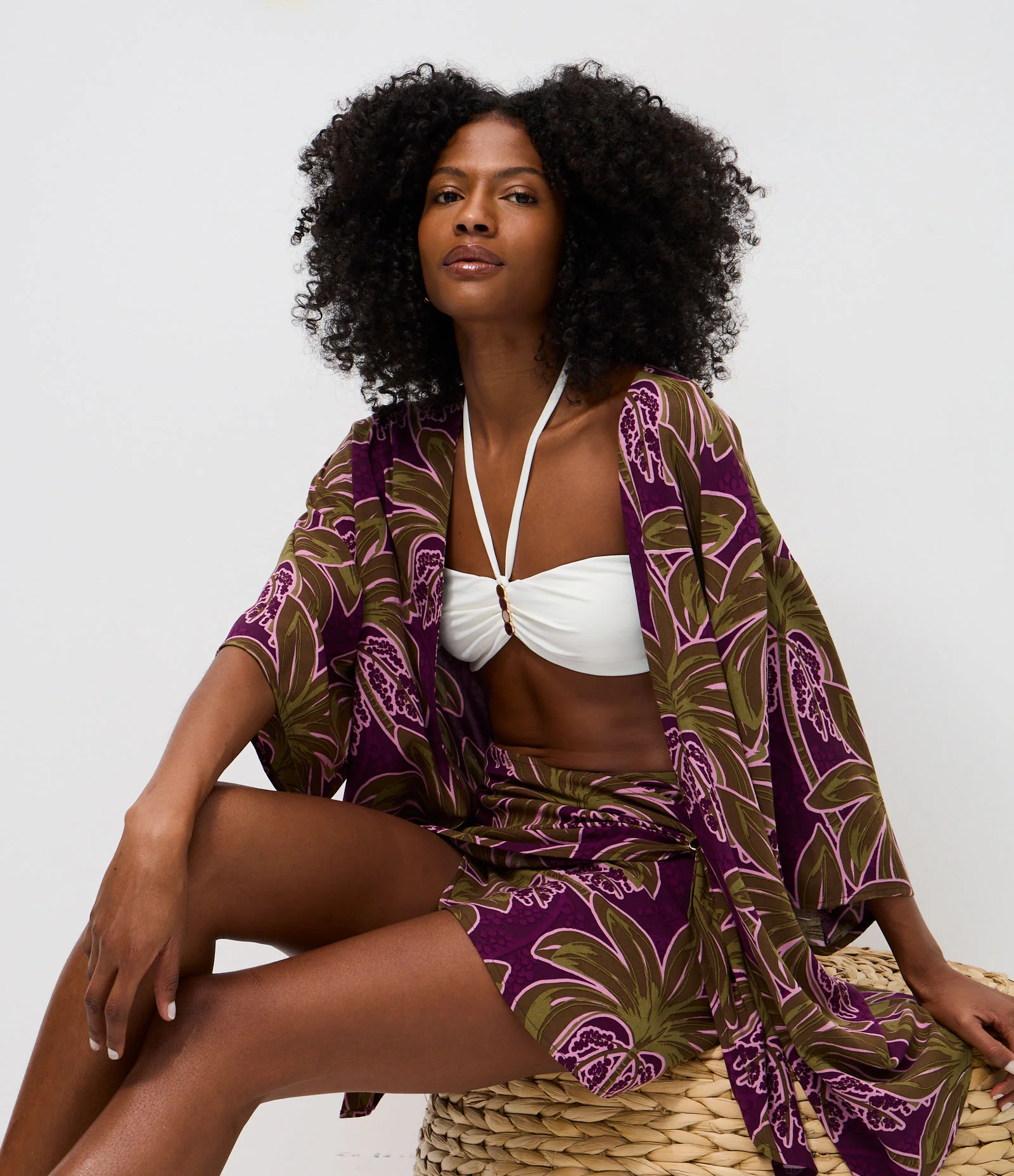 Saída de Praia Kimono em Viscolinho com Estampa de Coqueiro Roxo/Verde 1