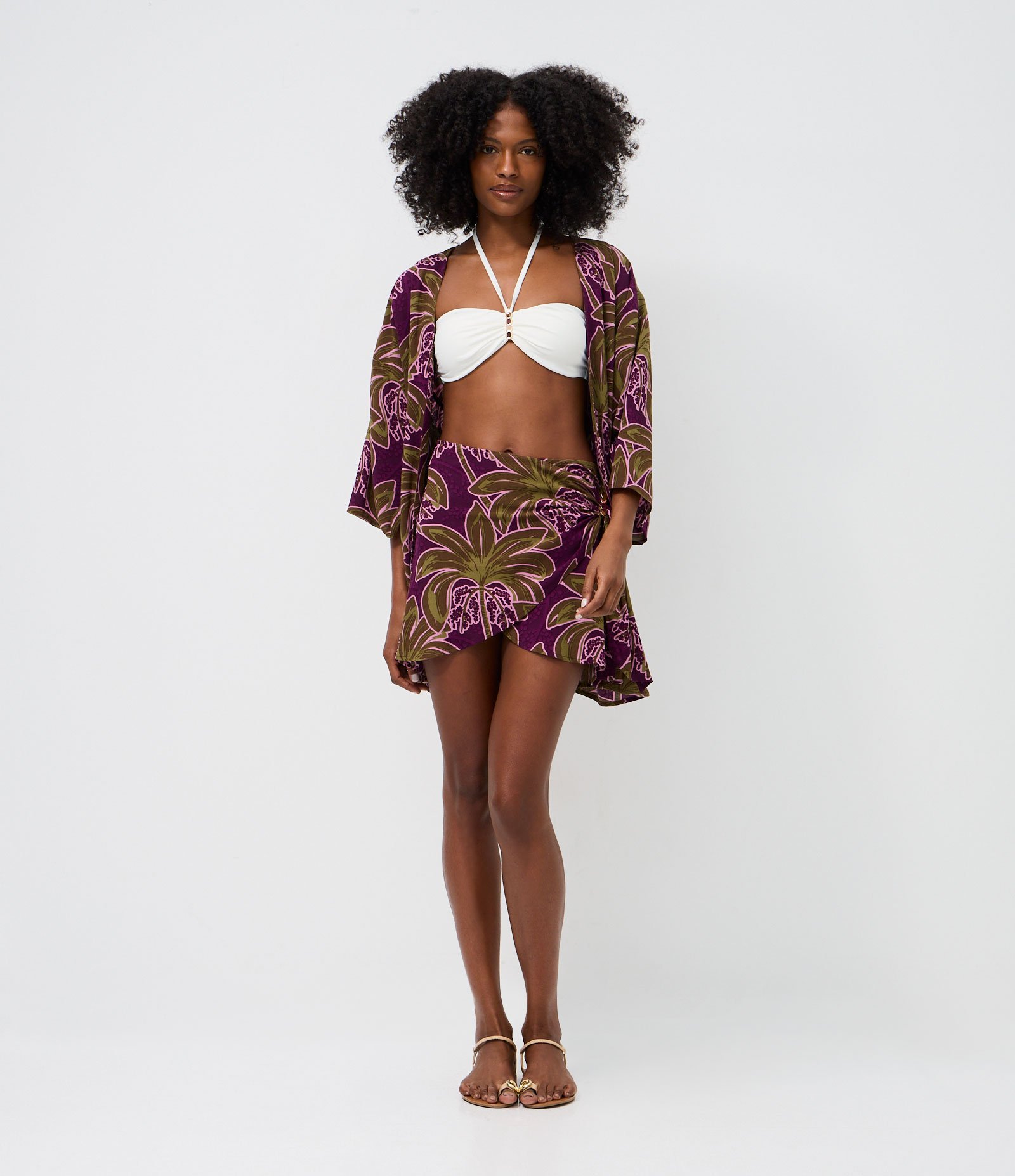 Saída de Praia Kimono em Viscolinho com Estampa de Coqueiro Roxo/Verde 3