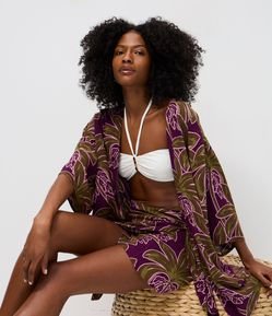 Saída de Praia Kimono em Viscolinho com Estampa de Coqueiro
