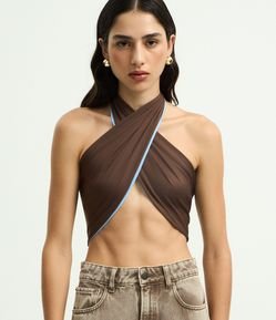 Blusa Cropped Dupla Face sem Alça em Poliamida com Amarração Frontal