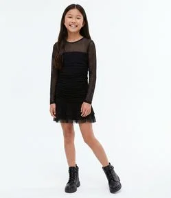 Vestido Infantil em Tule com Manga Longa e Franzido – Tam 5 a 14 Anos