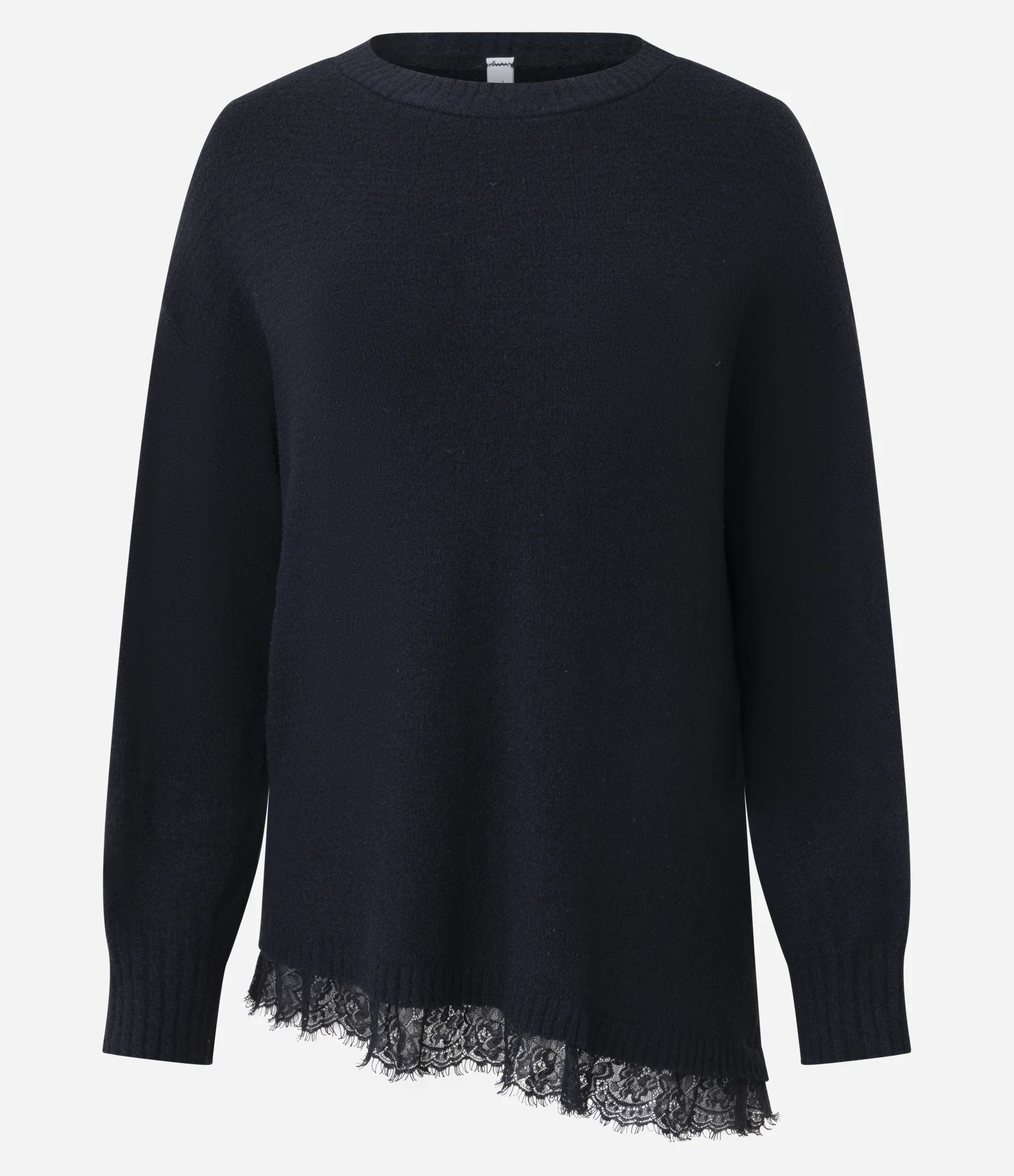 Blusa Oversized em Tricô com Decote Canoa e Barra Assimétrica Rendada Preto 1