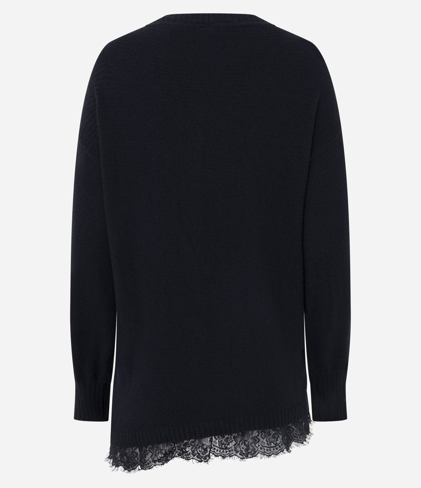 Blusa Oversized em Tricô com Decote Canoa e Barra Assimétrica Rendada Preto 3