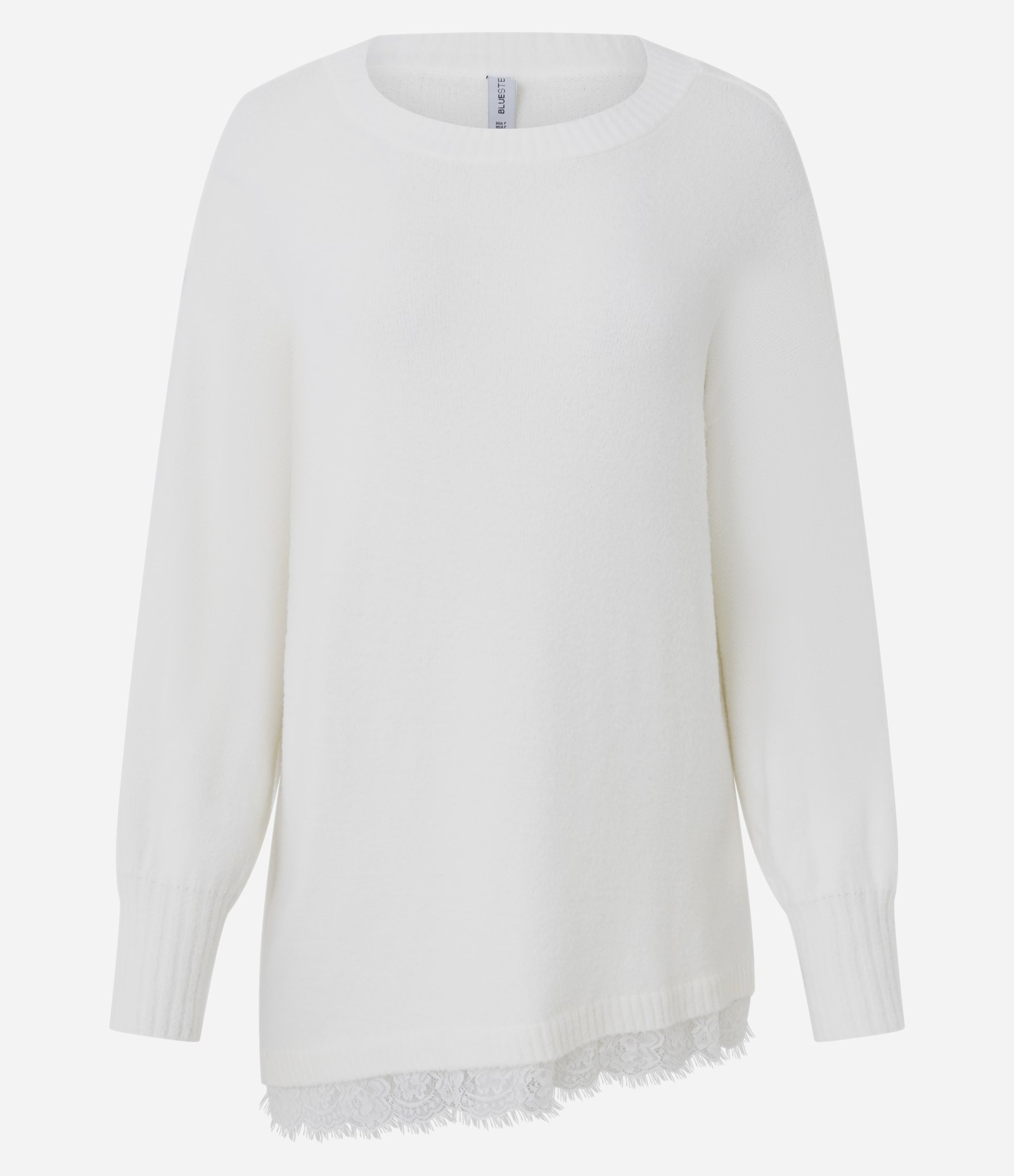 Blusa Oversized em Tricô com Decote Canoa e Barra Assimétrica Rendada Branco 1