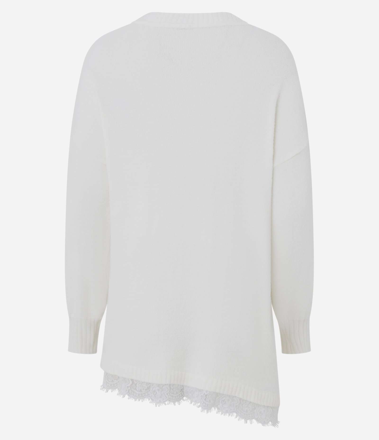 Blusa Oversized em Tricô com Decote Canoa e Barra Assimétrica Rendada Branco 3