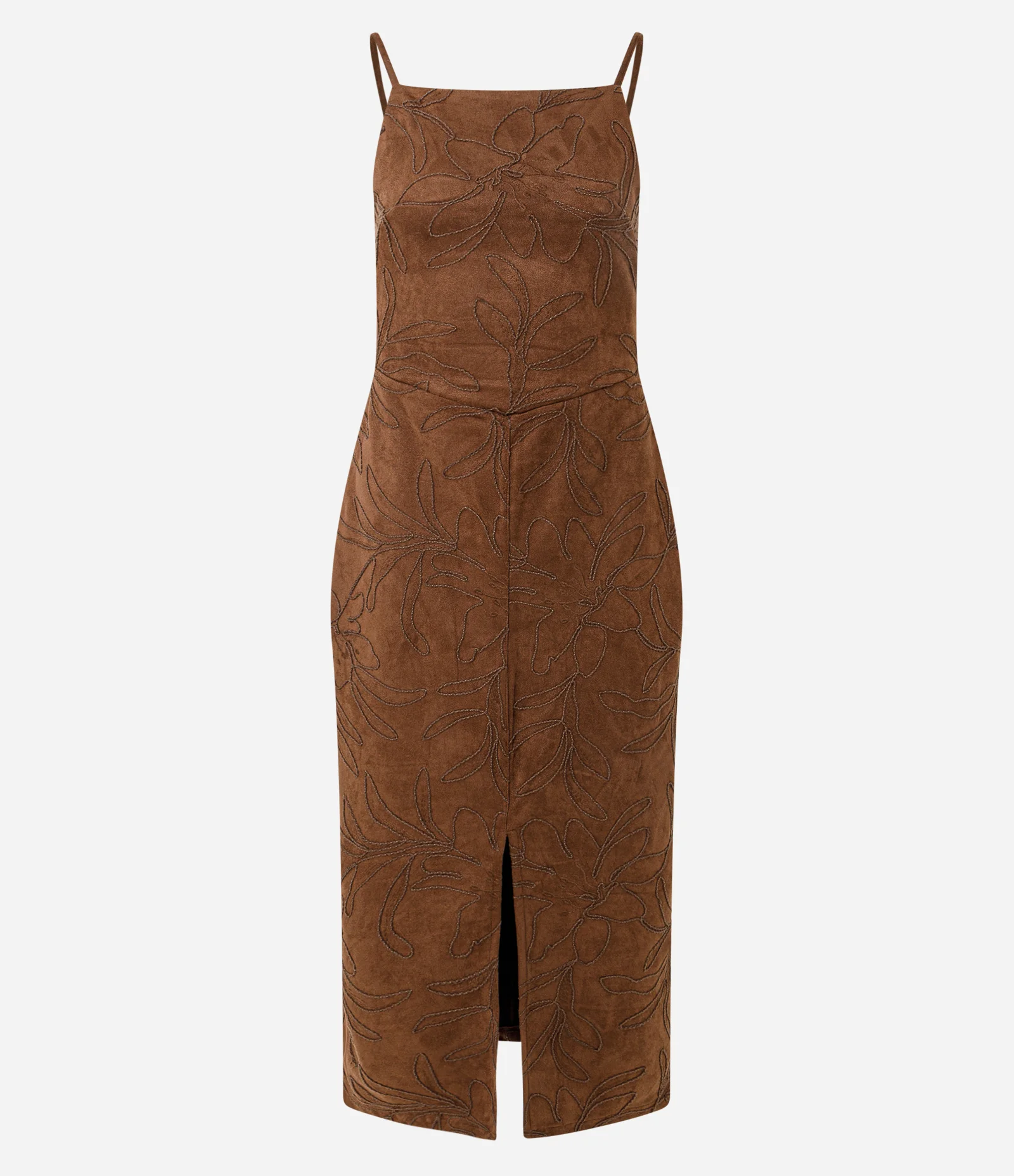 Vestido Midi em Suede com Bordado de Folhagem Marrom 1
