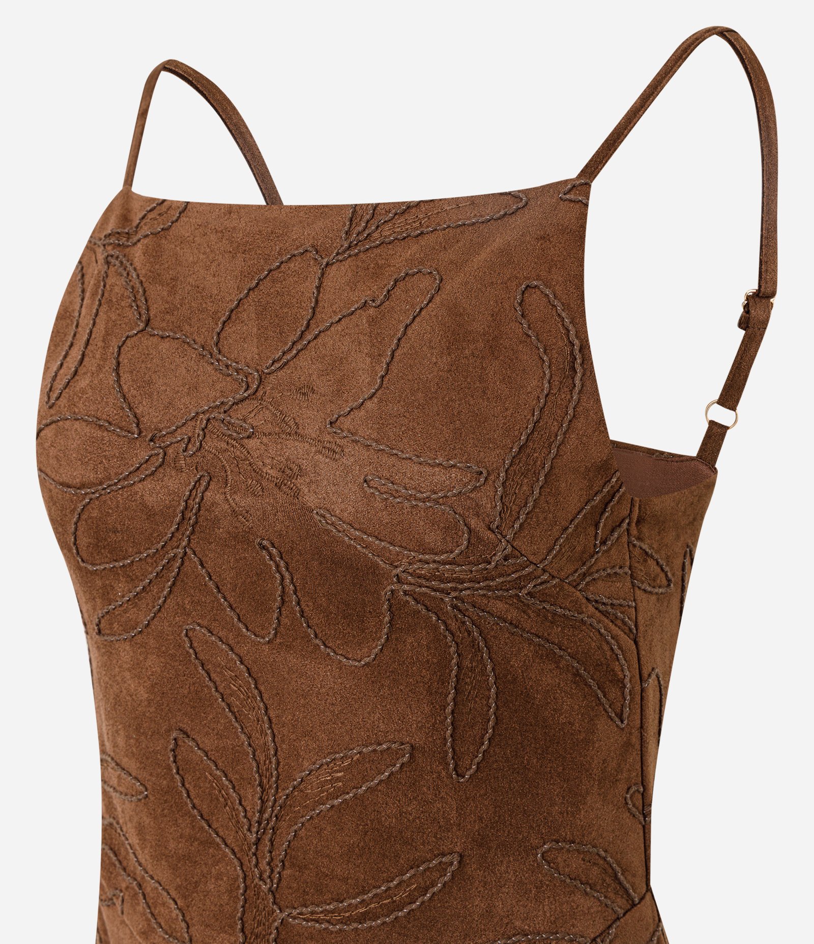 Vestido Midi em Suede com Bordado de Folhagem Marrom 2