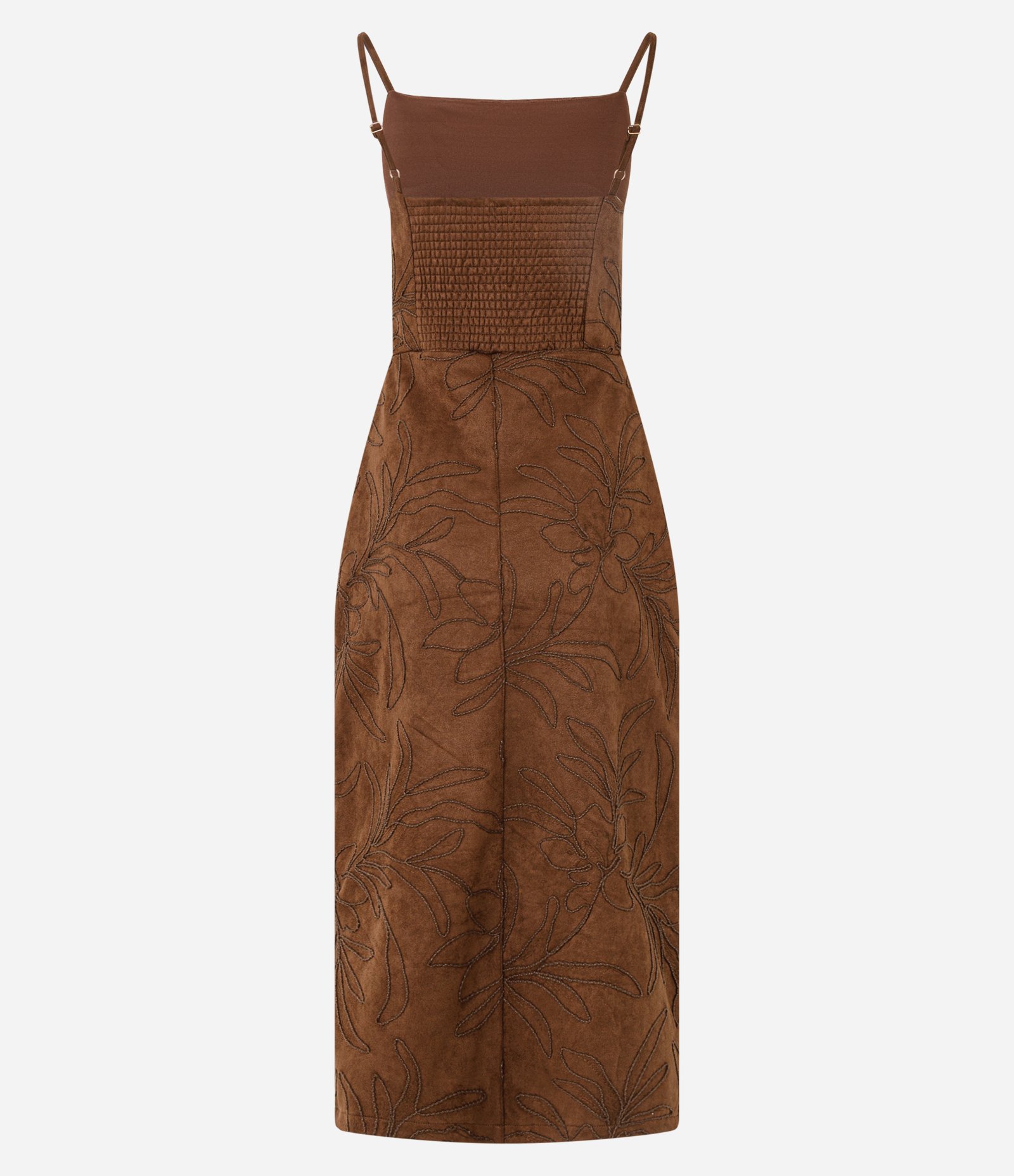 Vestido Midi em Suede com Bordado de Folhagem Marrom 3