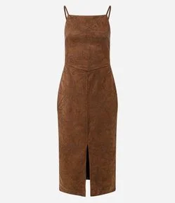 Vestido Midi em Suede com Bordado de Folhagem