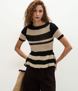Blusa Peplum Em Tricô com Estampa Listrada