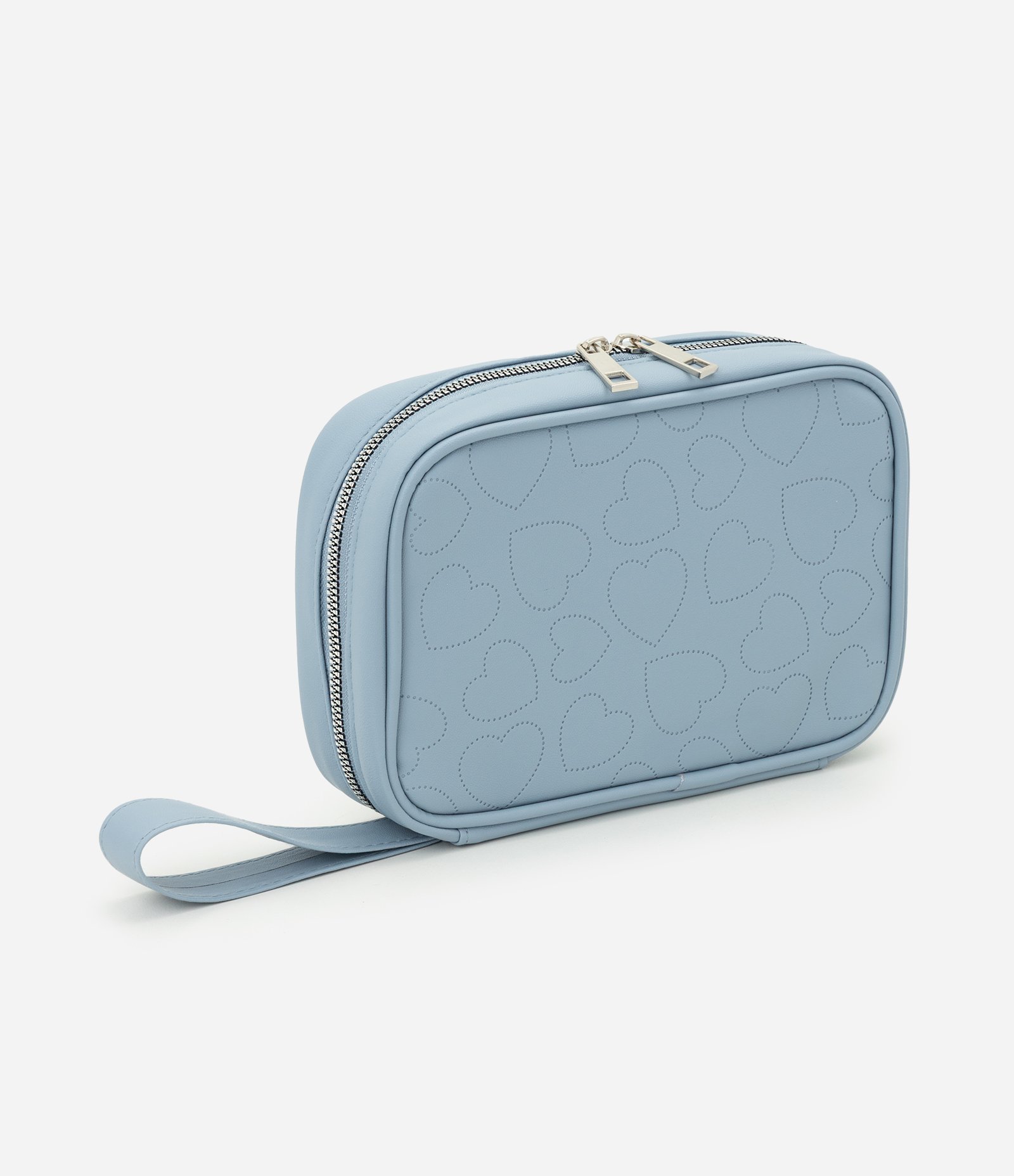Necessaire em PU com Textura de Corações Azul 1