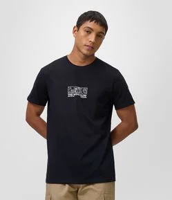 Camiseta Regular Manga Curta em Algodão com Lettering e Ícones