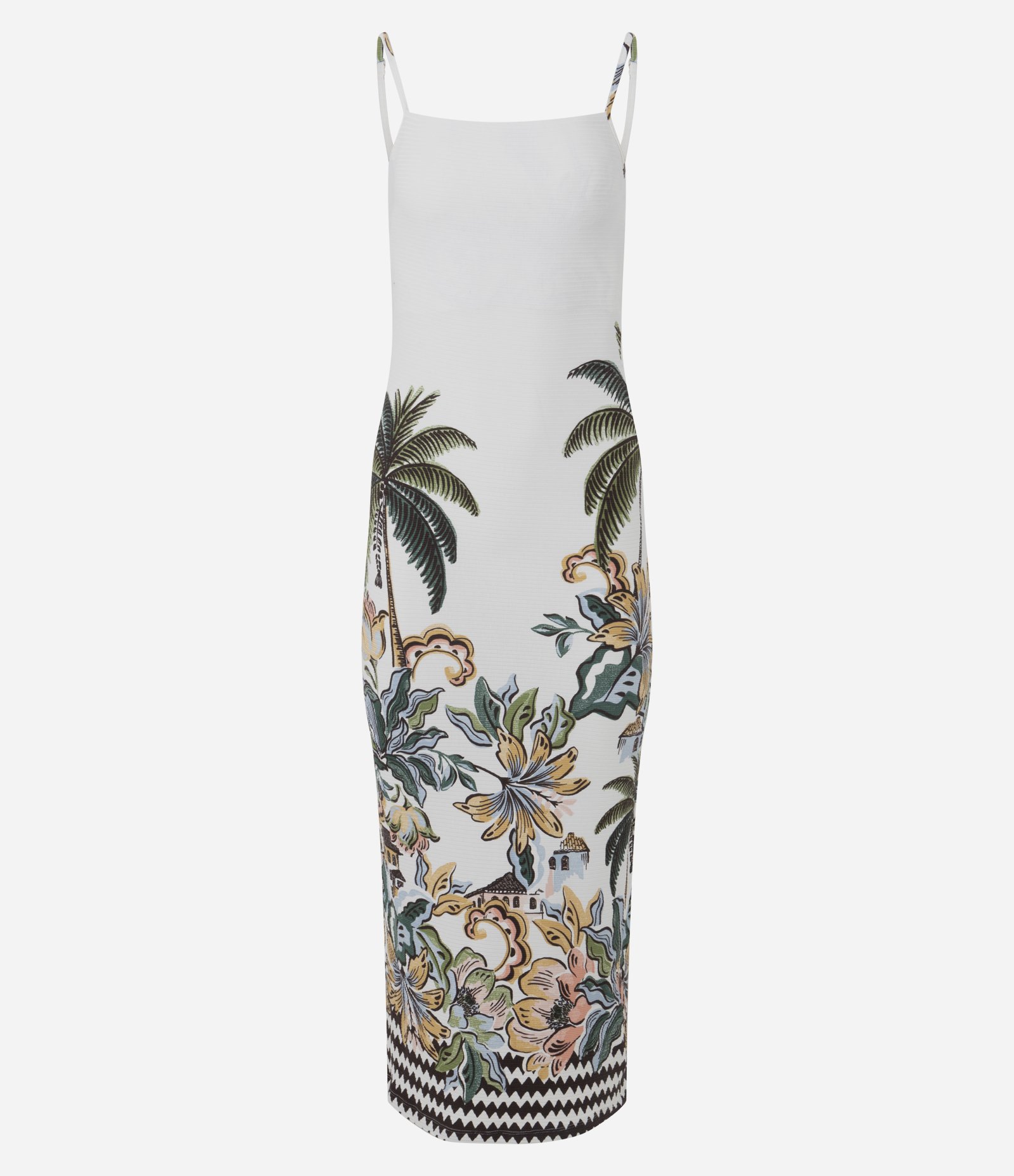 Vestido Midi em Ribana com Estampa Floral e Alças Finas Branco 1