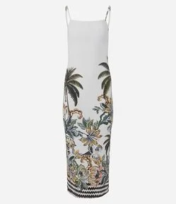 Vestido Midi em Ribana com Estampa Floral e Alças Finas