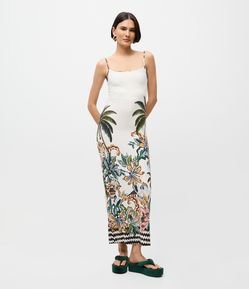 Vestido Midi em Ribana com Estampa Floral e Alças Finas