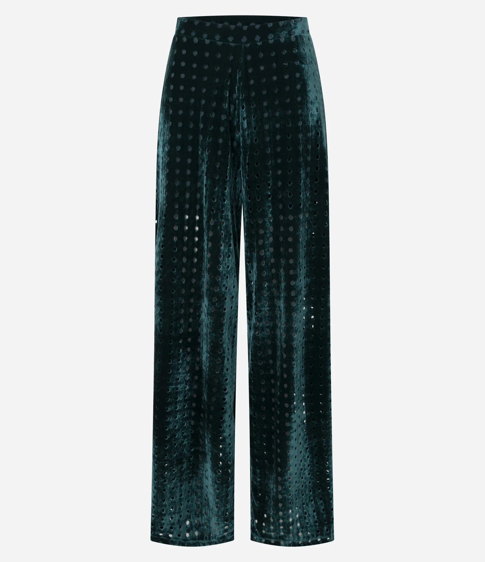 Calça Reta Cintura Baixa em Veludo com Furinhos Verde Escuro 1