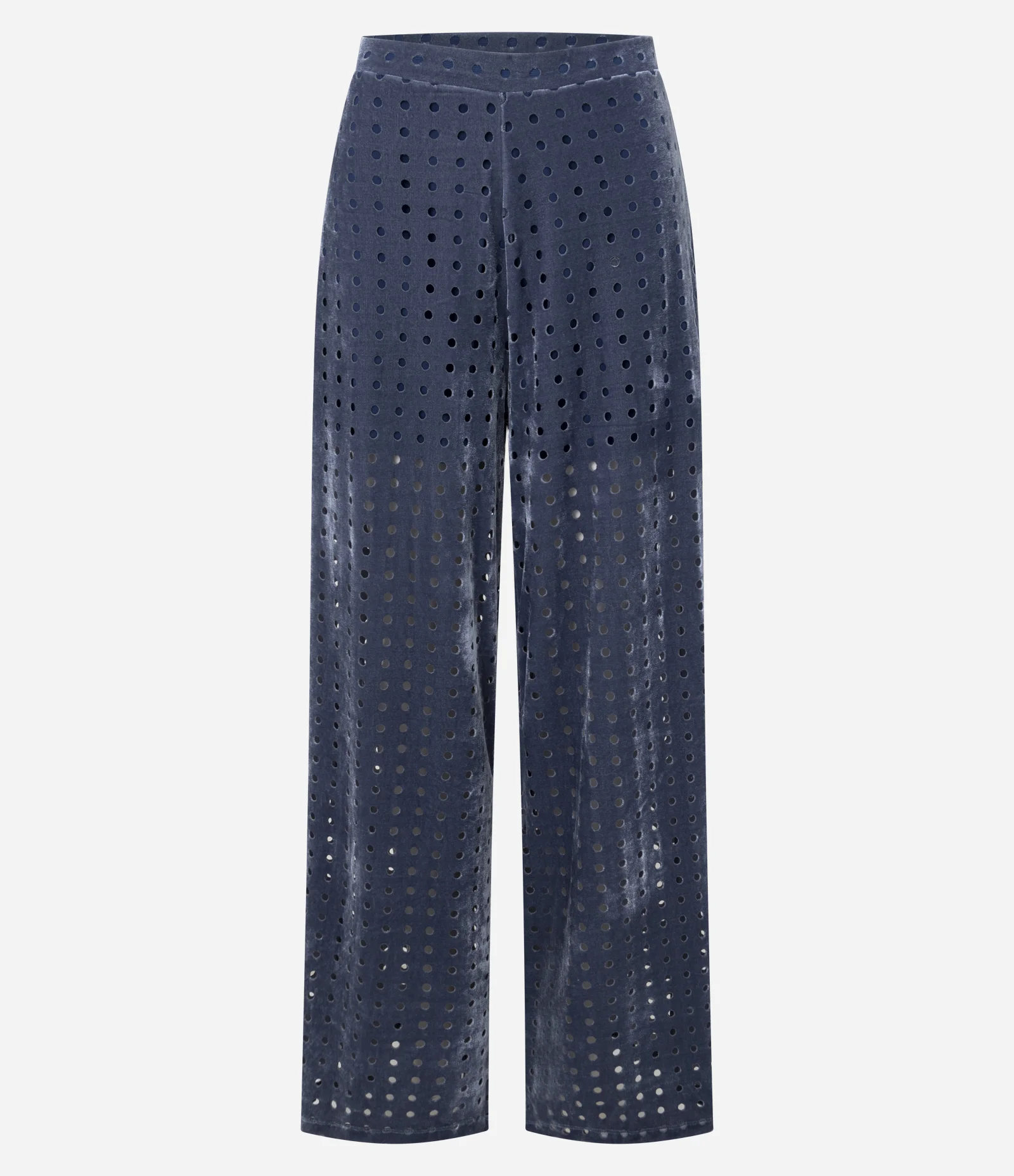 Calça Reta Cintura Baixa em Veludo com Furinhos Azul Acinzentado 1