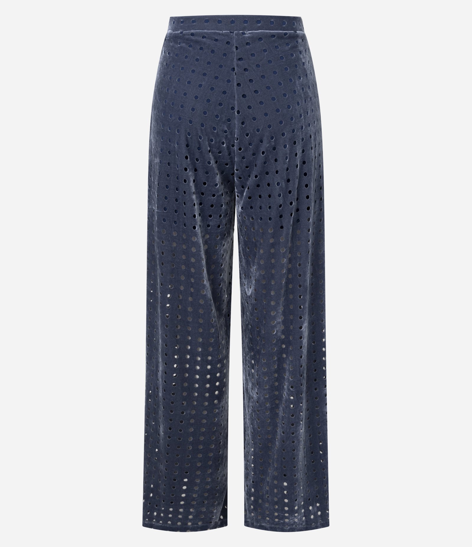 Calça Reta Cintura Baixa em Veludo com Furinhos Azul Acinzentado 3