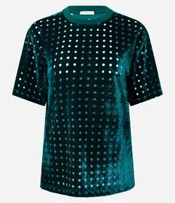Blusa em Veludo com Gola Redondo e Furinhos