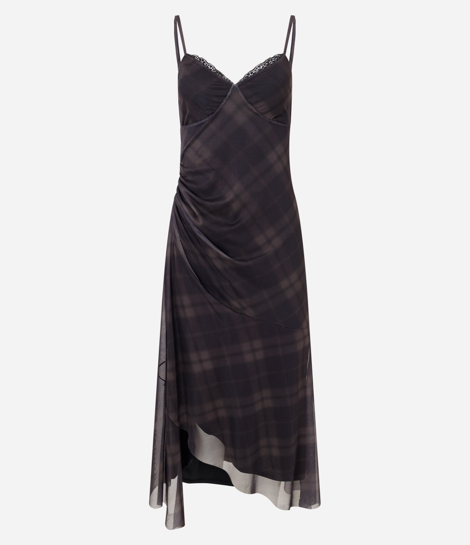 Vestido Midi em Tule Xadrez com Barra Assimétrica Marrom 1