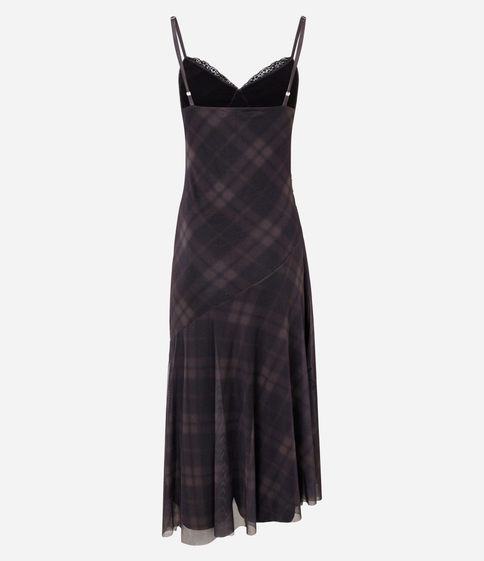 Vestido Midi em Tule Xadrez com Barra Assimétrica Marrom 3