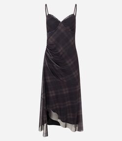 Vestido Midi em Tule Xadrez com Barra Assimétrica