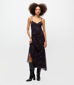 Vestido Midi em Tule Xadrez com Barra Assimétrica