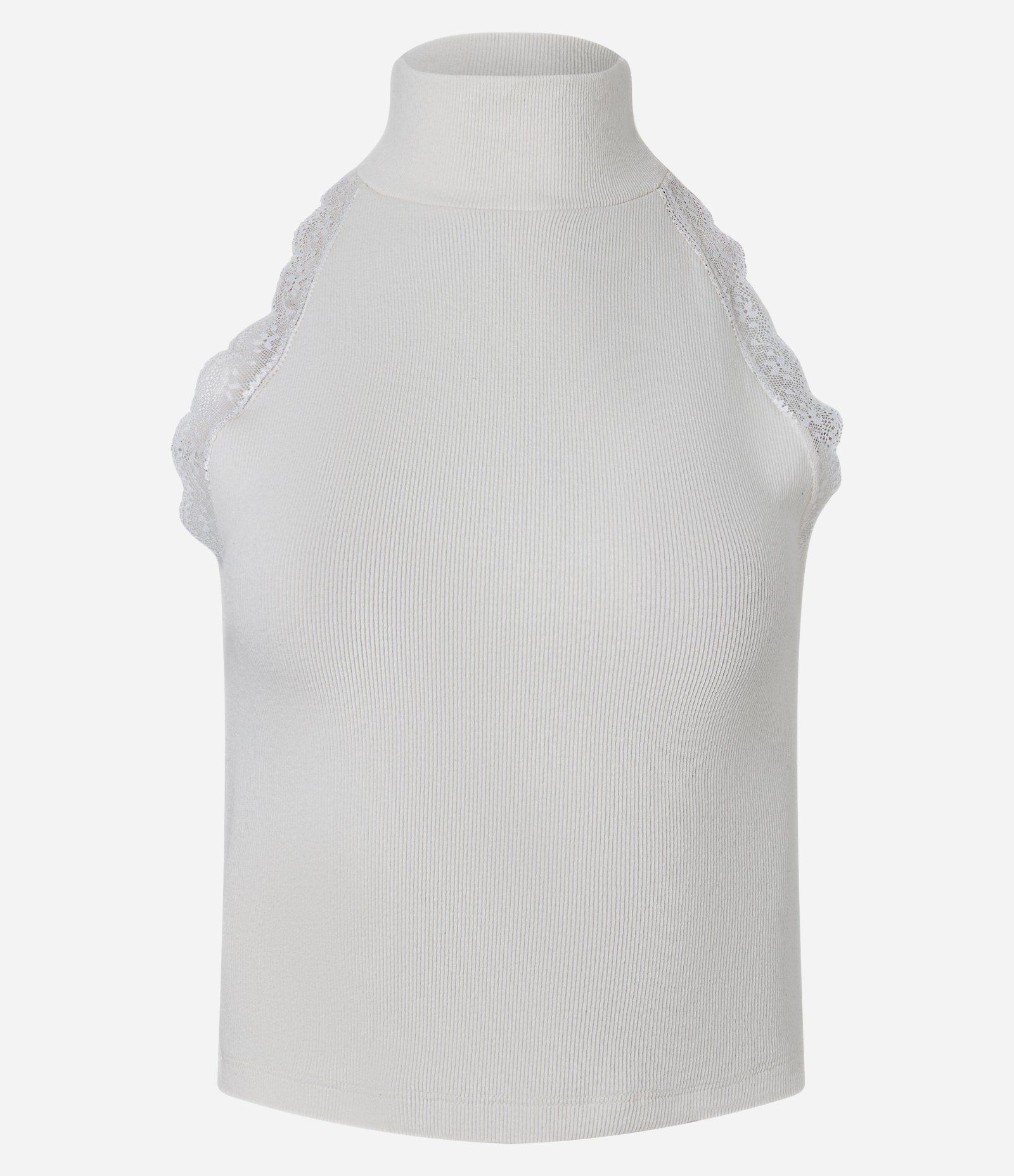 Blusa Regata Gola Halter em Ribana com Aplicação de Renda Branco 1