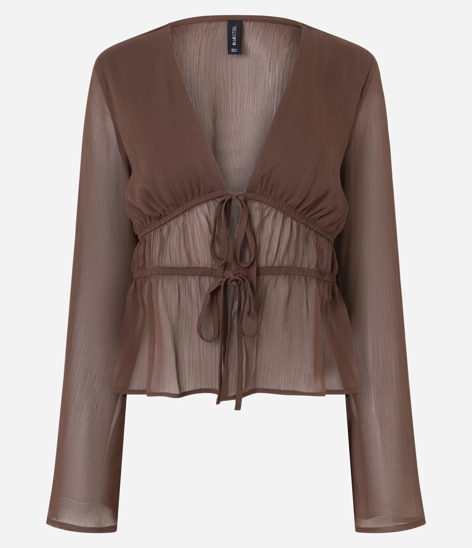 Blusa Manga Longa em Chiffon com Decote V Marrom 1