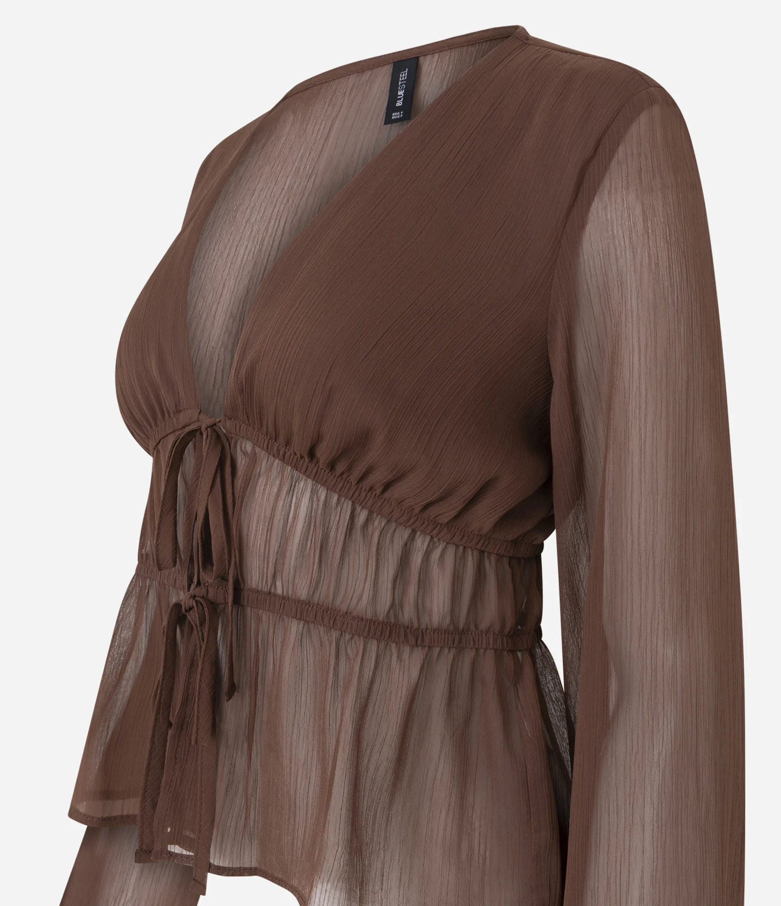Blusa Manga Longa em Chiffon com Decote V Marrom 2